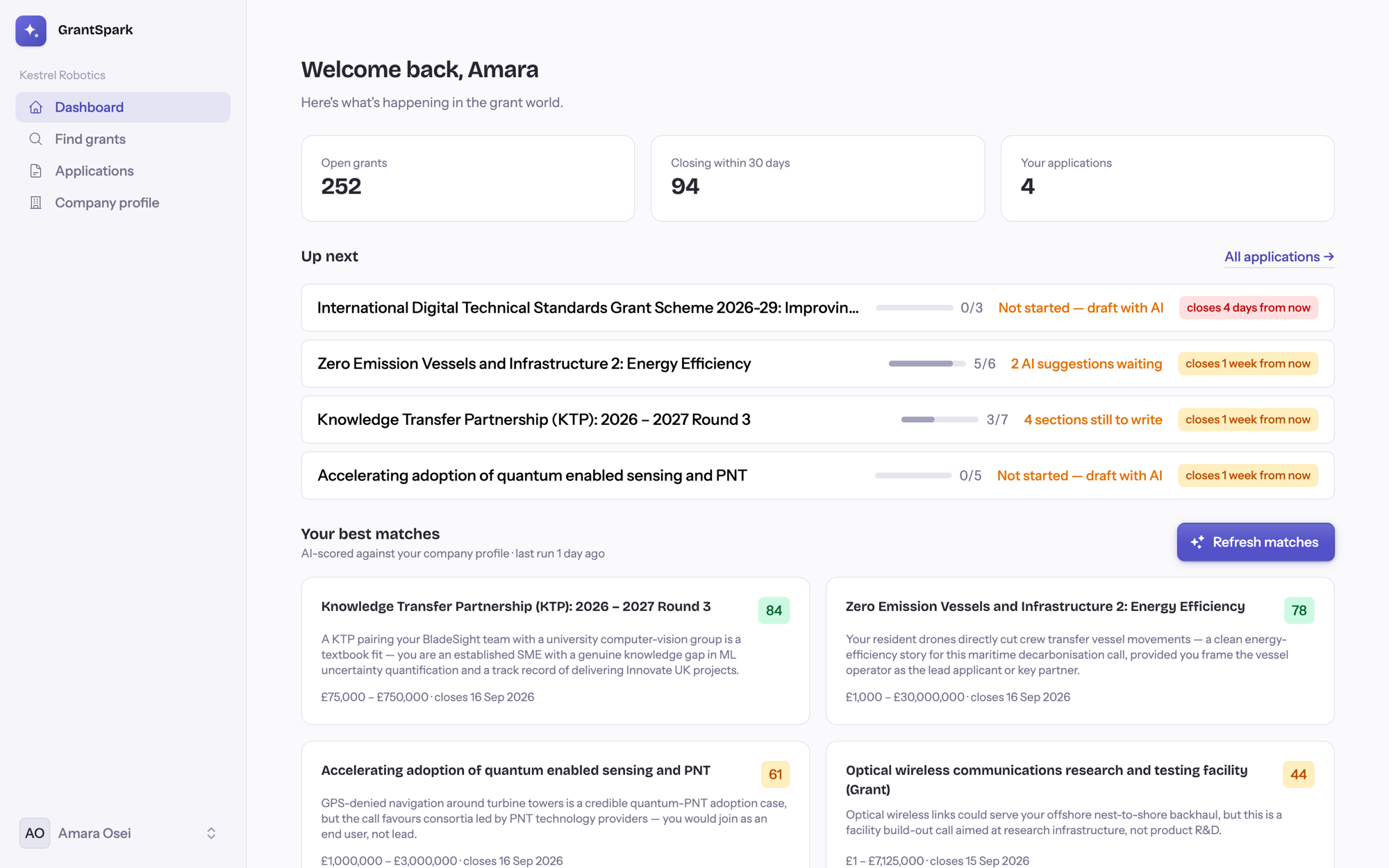 The GrantSpark dashboard: application pipeline with deadlines and next actions, and AI-scored grant matches