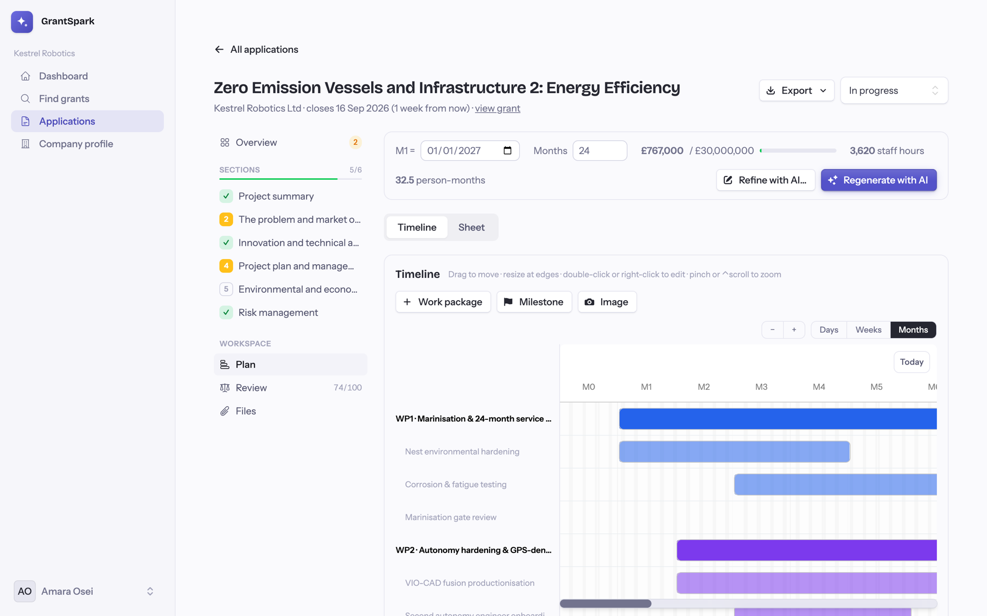 Interactive Gantt chart of grant work packages and milestones with budgets and staff allocation