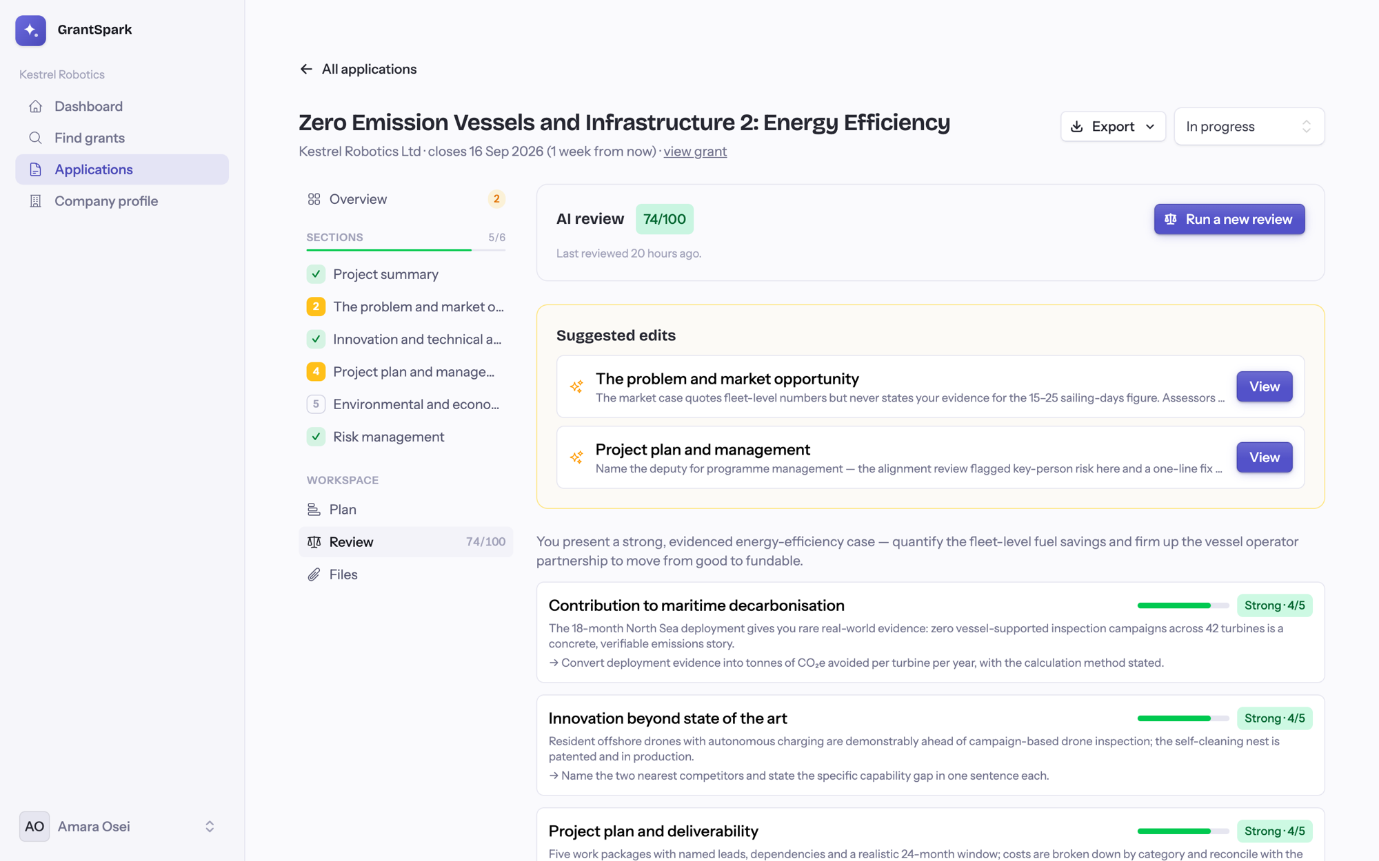 AI review scoring a grant application against assessor criteria, with blockers flagged and suggested rewrites